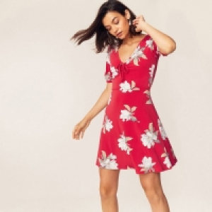 Mid Red Large Rose Rouched Skater Dress