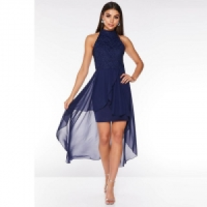Navy Glitter Lace High Neck Dip Hem Dress