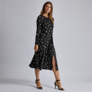 Black Feather Print Keyhole Midi Dress