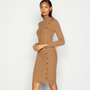 Camel Knitted Column Knee Length Dress
