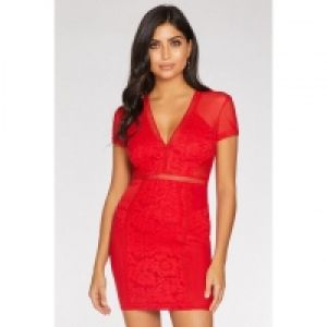 Red Lace Mesh V Neck Sleeveless Bodycon Dress