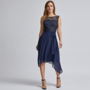 Billie & Blossom Petite Navy Lace Chiffon Midi Skater Dress