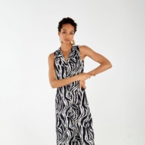 Black Zebra Button Through Sleeveless Shirt Dress