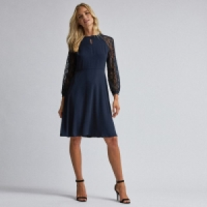 Blue Lace Sleeves Fit and Flare Dress