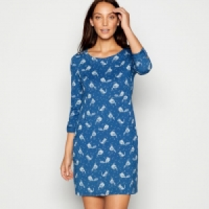 Dark Blue Bird Print Cotton Tunic Mini Dress