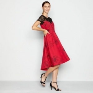Bright Pink Lace and Floral Print Knee Length Dress