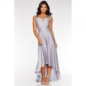 Grey Satin Embellished Dip Hem Dress