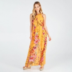 Yellow Keyhole Halterneck Floral Maxi Dress