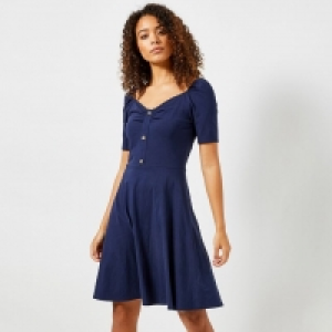 Tall Navy Horn Effect Button Skater Dress