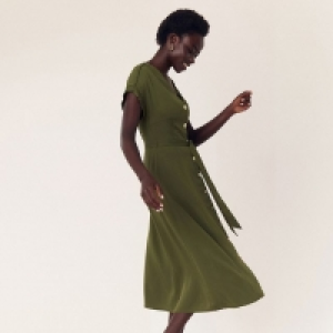 Khaki Plain Roll Sleeves Button Midi Dress