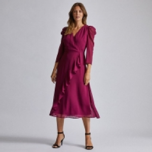 Burgundy Puff Sleeves Wrap Dress