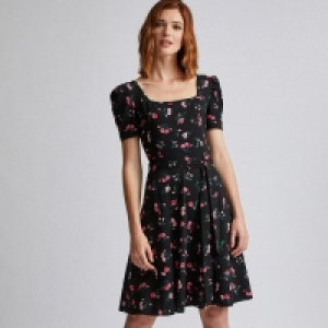Tall Black Floral Print Puff Sleeves Skater Dress