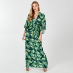 Green Forest Leaf Kimono Sleeve Tie Waist Maxi Dress