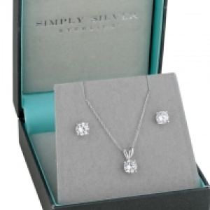 Sterling Silver Round Cubic Zirconia Necklace and Earrings S