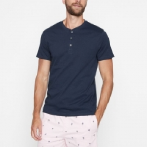 Navy Grandad Collar Cotton T-Shirt