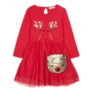 Girls Red Reindeer Dress with a Bag