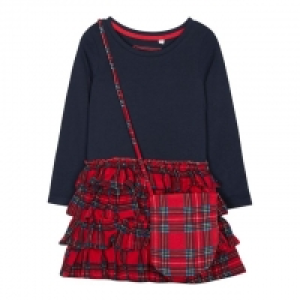 Girls Navy Tartan Print Cotton Rara Dress and Bag Set