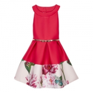 Girls Dark Pink Floral Border Dress