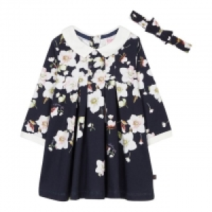 Baby Girls Navy Floral Print Cotton Dress and Headband Set