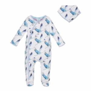 Baby Boys White Stork Print Sleepsuit and Bib