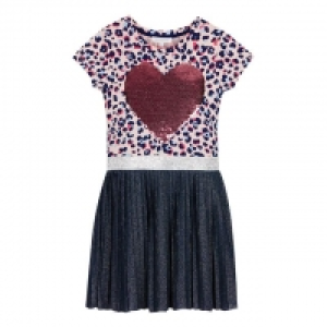 Girls Navy Animal Print Sequin Heart Mock Dress