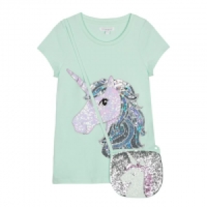 Girls Aqua Sequin Unicorn T-Shirt and Bag