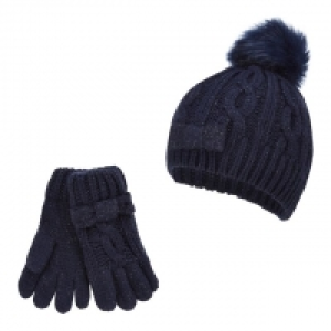 Girls Navy Pom Pom Beanie and Gloves Set