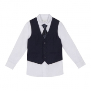 Boys Navy Long Sleeves Shirt, Grey Striped Linen Blend Wais