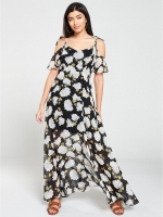 LittleWoods  V by Very Mono Floral Print Cold Shoulder Maxi Dress - Black