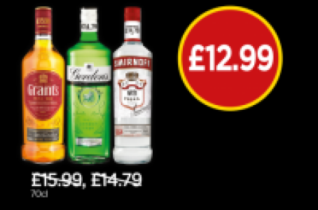 Grants Whisky, Gordons Gin, Smirnoff Vodka £12.99