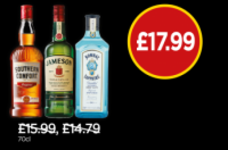 Budgens  Southern Comfort, Jameson Irish Whiskey, Bombay Sapphire Gin