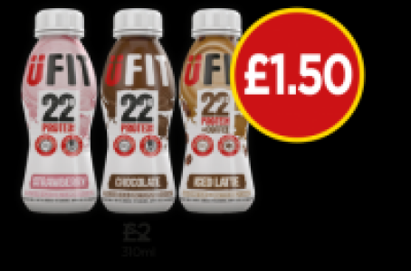 Ufit Strawberry Drink, Chocolate Drink, Iced Latte Proteinsh £1.50
