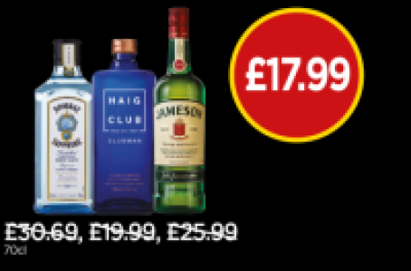 Budgens  Bombay Sapphire Gin, Haig Clubman, Jameson Irish Whiskey