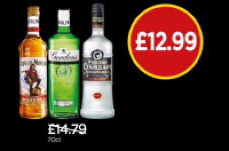 Captain Morgan Spiced Rum, Gordons Gin, Russian Standard Vod