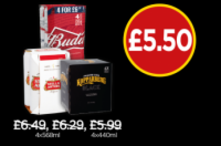 Stella Artois, Budweiser, Kopparberg Black Blackcurrant & Bl £5.50