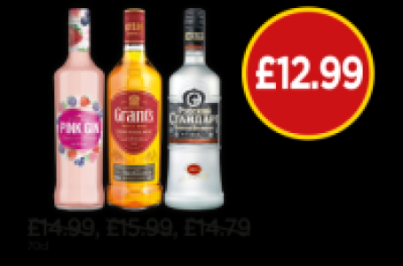 Echo Falls Pink Gin, Grants Whisky, Russian Standard Vodka