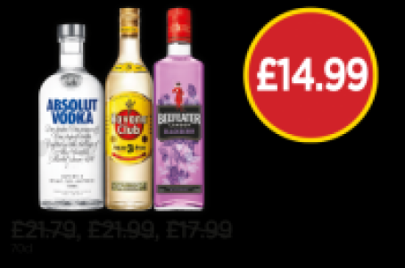 Absolut Vodka, Havana Club Rum 3 Years Old, Beefeater Blackb