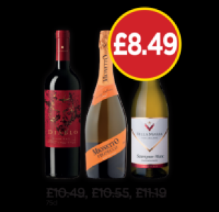 Budgens  Diablo Dark Red, Mionetto Prosecco, Villa Maria Sauvignon Bl