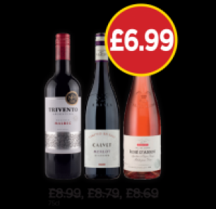 Budgens  Trivento Argentina Malbec, Calvet Release Merlot, Calvet Ros