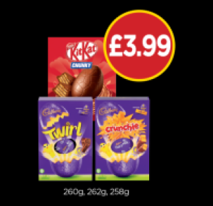 Budgens  Kitkat Chunky Egg, Cadbury Twirl Egg, Cadbury Crunchie Egg