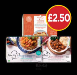 Budgens  Kirstys Beef & Celeriac Mash, Beef Lasagne, Malaysian Curry