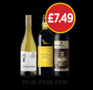 Dark Horse Chardonnay, Wolf Blass Yellow Label Merlot, 19 Cr