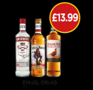 Smirnoff Vodka, Captain Morgan Spiced Rum, The Famous Grouse £13.99