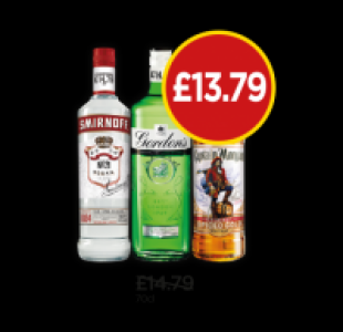 Smirnoff Red Vodka, Gordons Gin, Captain Morgans Spiced Ru