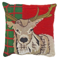 QDStores  43x43cm Red & Green Tartan Stag Tapestry Cushion Christmas D