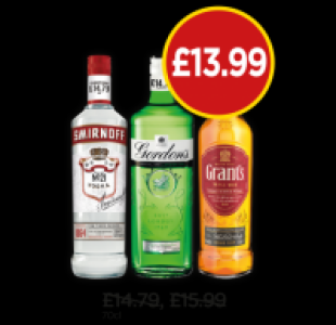 Budgens  Smirnoff Vodka, Gordons Gin, Grants Whisky