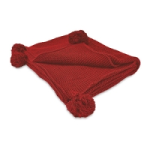 Deep Red Knitted Pompom Throw