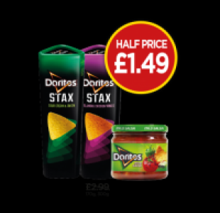 Doritos Stax Sour Cream & Onion, Flamin Chicken, Mild Salsa  £1.49