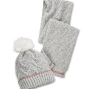 Ladies Grey Pom Pom Hat & Scarf Set