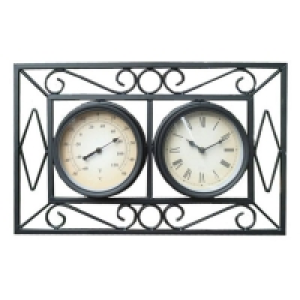 Ornate Metal Wall Mount Garden Wall Clock & Thermometer - Bl £24.99